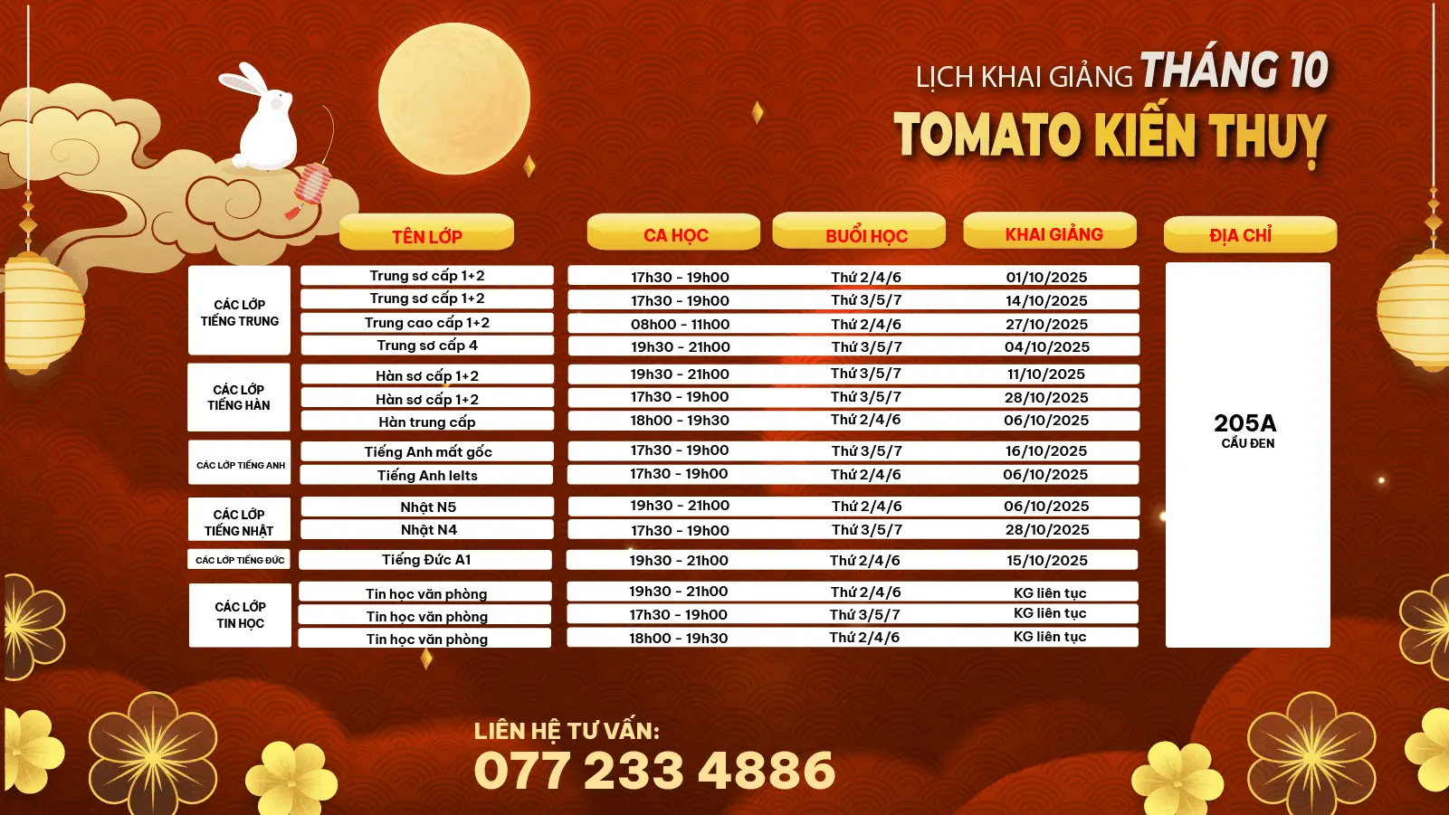LỊCH KHAI GIẢNG THÁNG 10/2025 CỦA TOMATO CƠ SỞ KIẾN THỤY