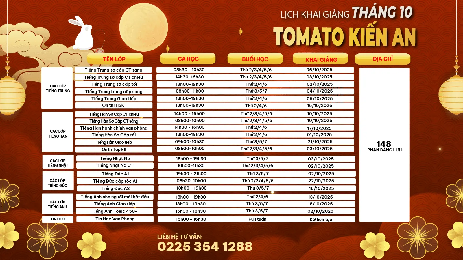 LỊCH KHAI GIẢNG THÁNG 10/2025 CỦA TOMATO CƠ SỞ KIẾN AN