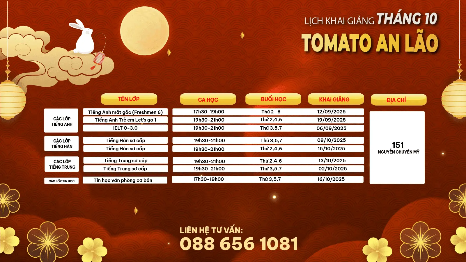LỊCH KHAI GIẢNG THÁNG 10/2025 CỦA TOMATO CƠ SỞ AN LÃO