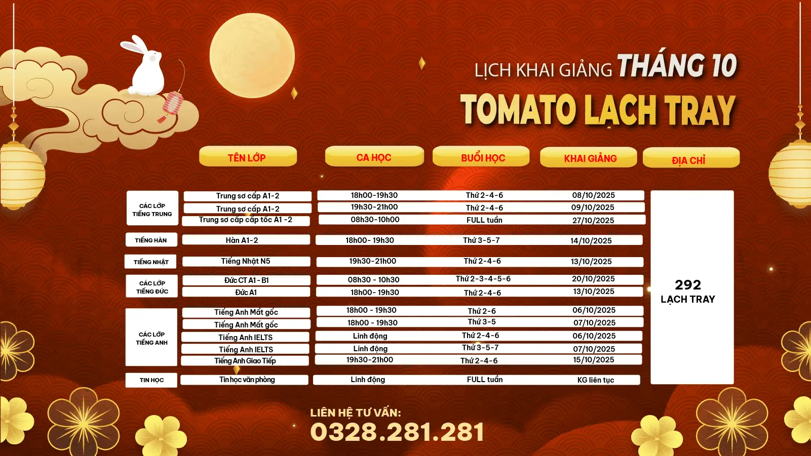 LỊCH KHAI GIẢNG THÁNG 10/2025 CỦA TOMATO CƠ SỞ LẠCH TRAY