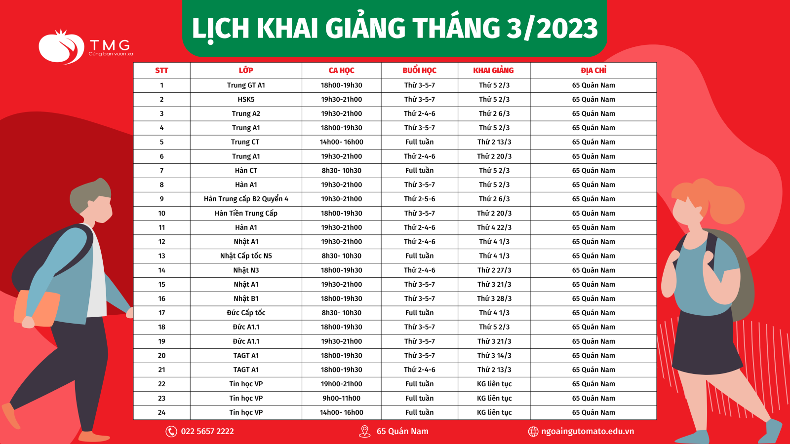 Lịch khai giảng các lớp Ngoại ngữ - Tin học Tháng 03/2023 Trung tâm ngoại ngữ TOMATO