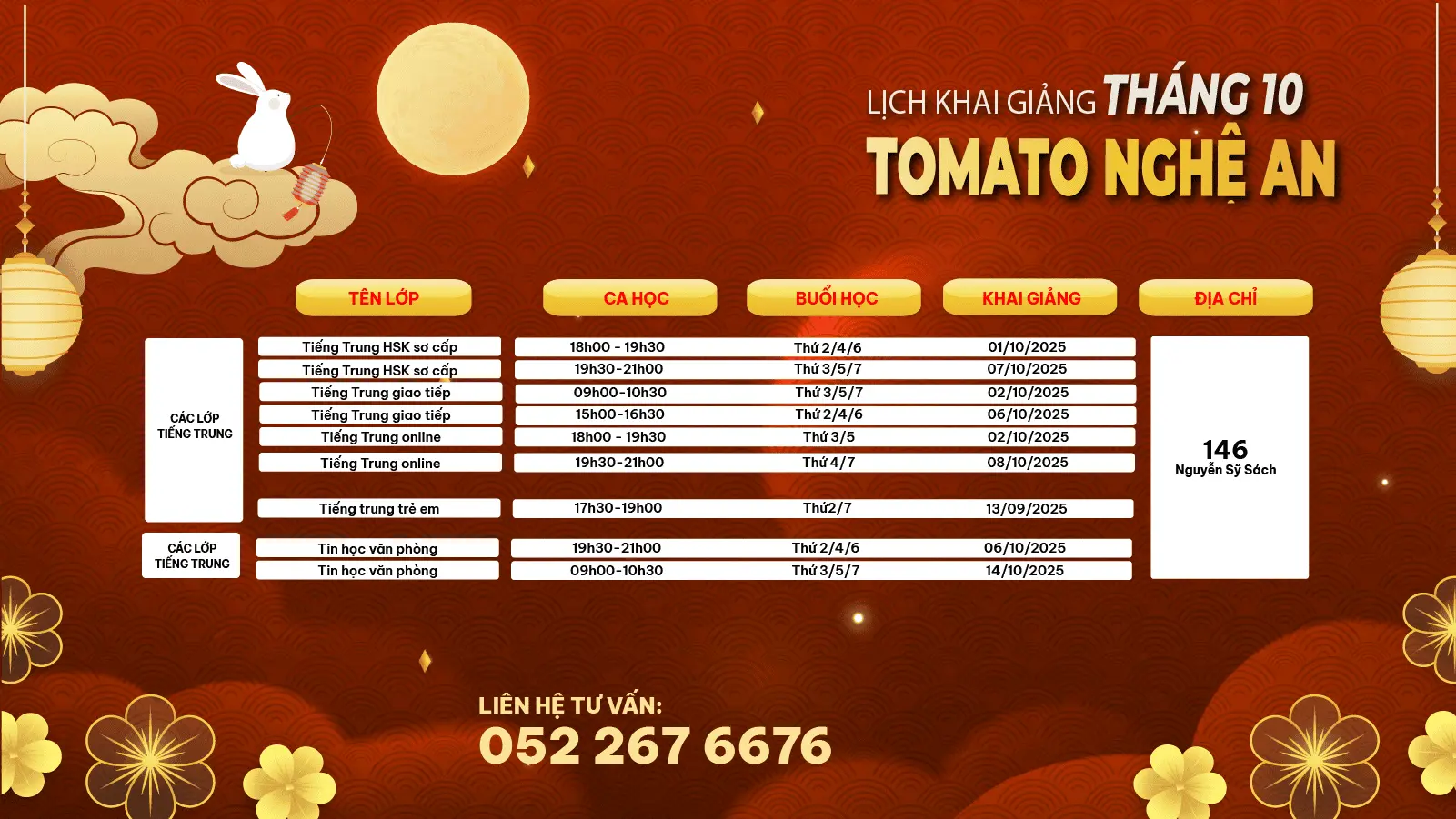 LỊCH KHAI GIẢNG THÁNG 10/2025 CỦA TOMATO CƠ SỞ NGHỆ AN