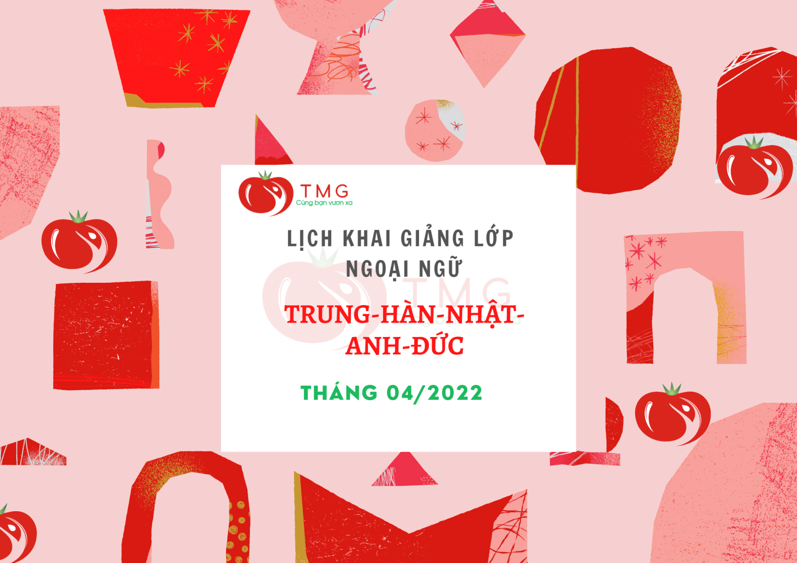 Lịch khai giảng các lớp ngoại ngữ  (tiếng Trung, Hàn, Nhật, Anh, Đức) tháng 04/2022 TOMATO