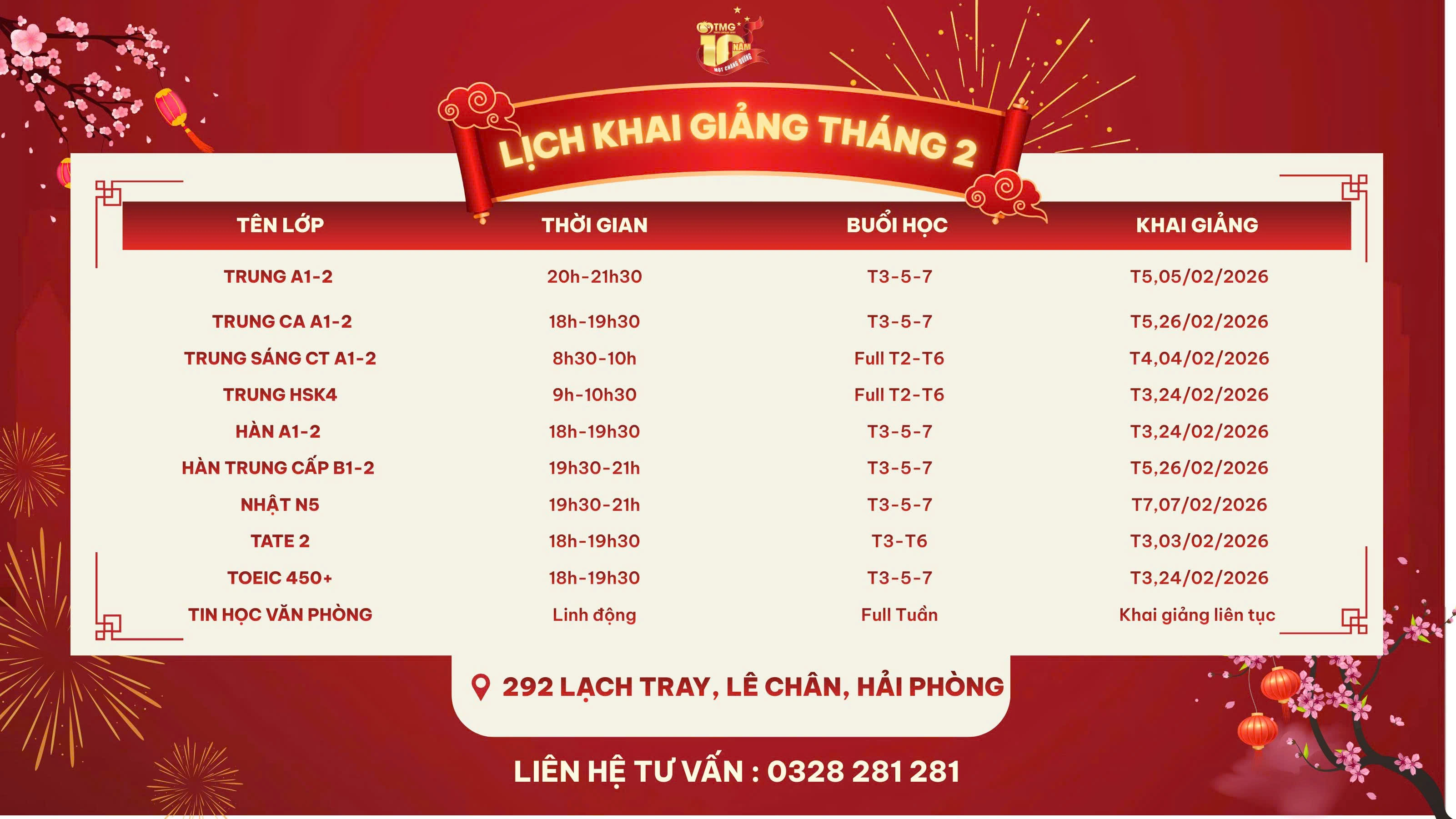 LỊCH KHAI GIẢNG THÁNG 02/2026 CỦA TOMATO CƠ SỞ 292 Lạch Tray