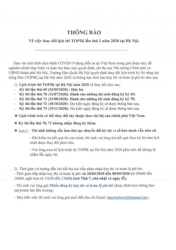 Thay đổi lịch thi TOPIK lần thứ 2 năm 2020 tại Hà Nội